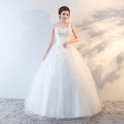 

Ball Gown One Shoulder Floor Length Satin Tulle Wedding Dress with Flower by Embroidered bridal