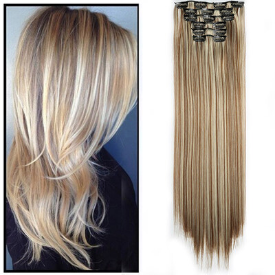

AISI HAIR Blond Synthetic Clips in Hair Extension Long Straight 22" 140g 16 Clips False Hair pieces Brow Black White Color