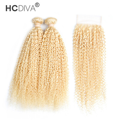 

HCDIVA Color 613 Blonde Kinky Curly 3 Bundle Hair with Lace Closure Free Part Brazilian Virgin Curly Hair Closure with Bundle