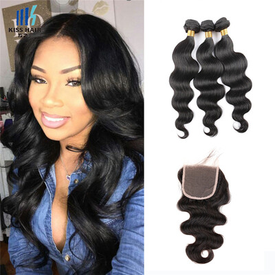 

kisshair body wave hair weft 3 bundles with 44 lace closure virgin Indian temple hair extension