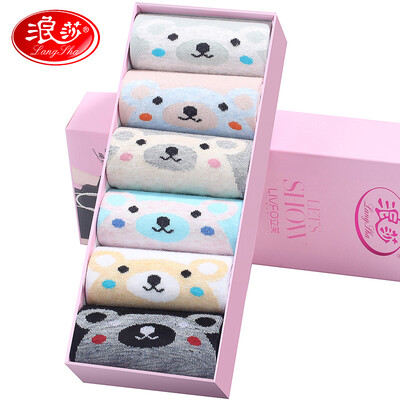 

Langsha socks female cotton fashion cotton yarn socks cute sports four seasons thin cotton socks 6 pairs of code style three