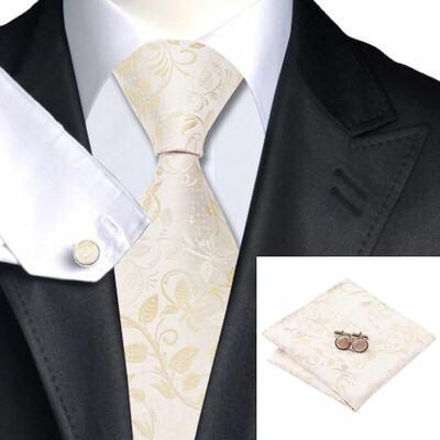 

N-1167 Vogue Men Silk Tie Set Beige Novelty Necktie Handkerchief Cufflinks Set Ties For Men Formal Wedding Business wholesale