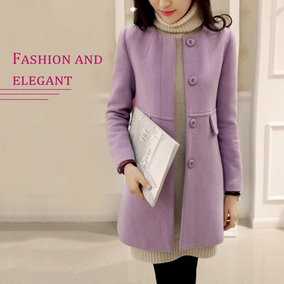 

Slim Round-neck A-line Woollen Overcoat Solid Color Long-section for Women