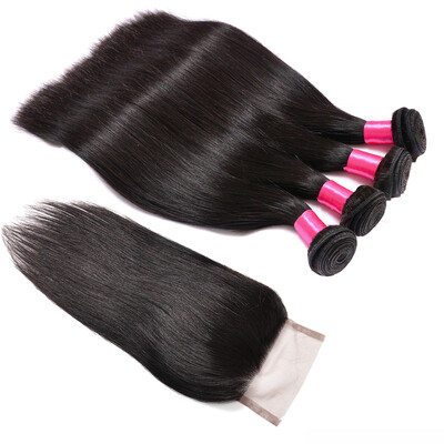 

Bhf Hair 100 Remy Human Hair Weave 3Bundle Indian Straight Hair 8-28Inch Machine Double Weft With Swiss Closure