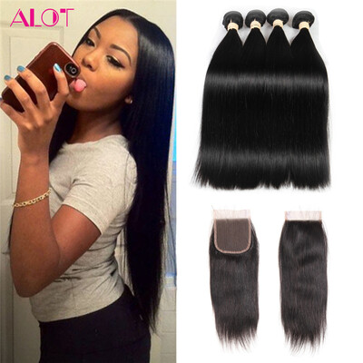 

4 Bundle Straight Hair с кружевным закрытием с детскими волосами Натуральный черный Мягкий и полностью качественный Alot Human Brazilian Virgin Hair