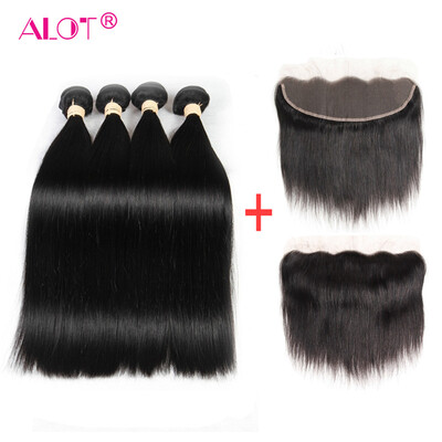 

Alot Straight Hair 4 Bundle Hair с кружевным фронтальным 13 * 4 бразильскими человеческими волосами Striaght с фронтальным закрытием Natural Black