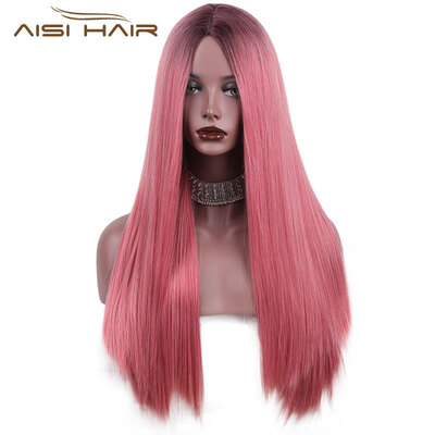 

AISI HAIR Длинные прямые тень Розовые термостойкие синтетические два тоновых парика для женщин 30 дюймов
