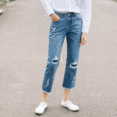 

And pure Raincun N2357 hole jeans womens cropped pants loose raw edge patch straight pants blue 30 N2357L030