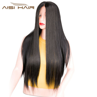 

AISI AHIR 26"Long Straigtht Black Lace Front Synthetic Wig with Baby Hair African American Braided Wigs for Women