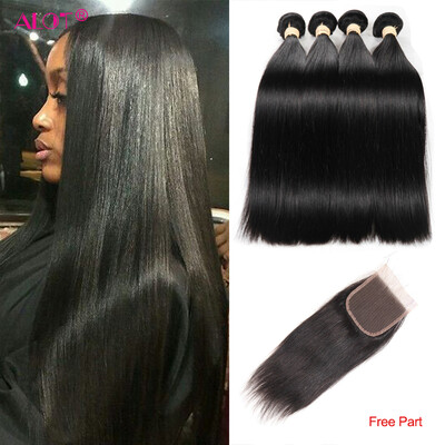 

Alot Hair 7A Перуанские человеческие волосы с закрытием 4 комплектов Virgin Hair с 4x4 кружевным закрытием Необработанные шелковистые прямые с закрытием