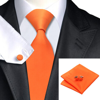 

N-0266 Vogue Men Silk Tie Set Orange Solid Necktie Handkerchief Cufflinks Set Ties For Men Formal Wedding Business wholesale