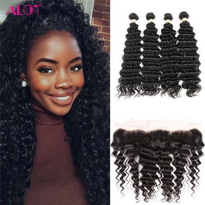 

Alot Hair Brazilian Virgin Deep Wave Hair 4 Bundles с застежкой кружева 13 * 4 Свободные частички человеческих волос с фронтальным закрытием