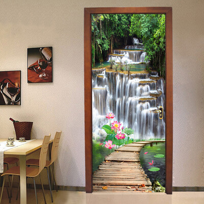 

Китайский стиль Водопад Louts Деревянный мост Mural Обои Гостиная Фото Wall Door Стикер DIY Home Decor 77см x 200см