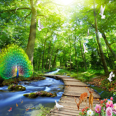 

Обои для рабочего стола 3D Лесной павлин Деревянный мост Природа Пейзаж Фото Настенные обои Гостиная Телевизор Диван-фон Стена Картина
