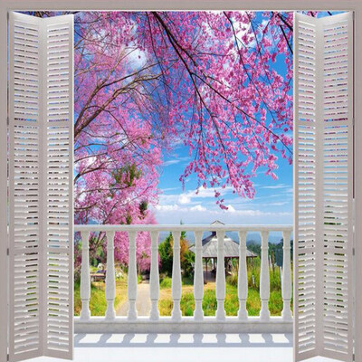 

3D Photo Mural Photo Wallpaper False Window Views Romantic Cherry Blossoms Наклейка Гостиная Спальня Настенная бумага Декоративная