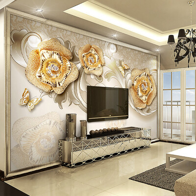 

Custom 3D Photo Wallpaper Luxury European Style Golden Jewelry Rose Flower Butterfly Background Wall Mural Home Decor Wallpapers