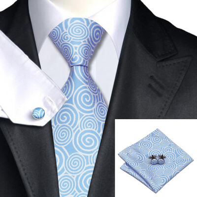 

N-0488 Vogue Men Silk Tie Set Blue Novelty Necktie Handkerchief Cufflinks Set Ties For Men Formal Wedding Business wholesale