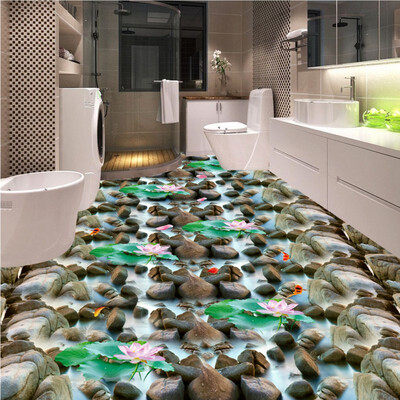 

Free Shipping Sea stone pebble lotus carp bathroom kitchen floor moisture-proof thickened living room flooring mural 250cmx200cm