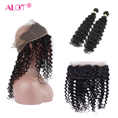 

Alot 360 Lace frontal with Bundles Malaysian Virgin Hair Deep Curly Deep Wave Hair Weave With 360 Lace Frontal