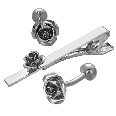 

Yoursfs Rose Tie Clip Cufflinks Set Vintage Silver Color Cuff Buttons Plain Necktie Clasp Unisex