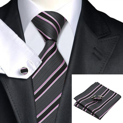 

N-0226 Vogue Men Silk Tie Set Black Stripe Necktie Handkerchief Cufflinks Set Ties For Men Formal Wedding Business wholesale