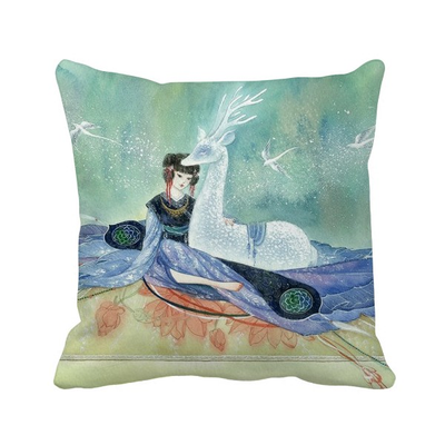 

White Deer Chinese Antique Illustrator Polyester Toss Throw Pillow Square Cushion Gift