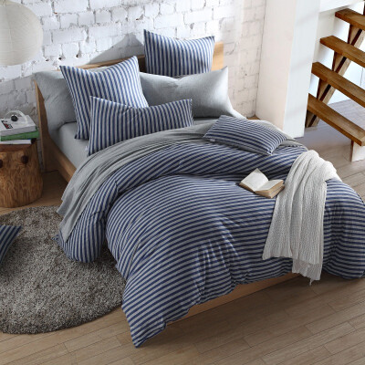 

BoYing Home Textiles (BEYOND) Комплект постельных принадлежностей Трикотажные хлопчатобумажные хлопчатобумажные хлопчатобумажные цельные хлопчатобумажные хлопчатобумажные ткани Простые полоски Японский набор для хлопка-кровати - Lan 1.5m Bed