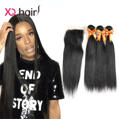 

3 Bundles With Closure Indian Virgin Hair Straight 100% Human Hair Weave 7A Mixed Length Straight Hair Free Part Lace Closure
