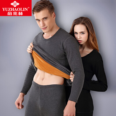 

Yu Zhaolin warm underwear men&women thickening plus cashmere gold warm suit couple round neck Qiuyi Qiuku suit men&39s dark gray L