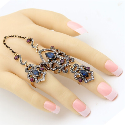

Vintage Turkish Women Flower Resin Adjustable Double Finger Ring Arabesque Crystal Jewelry Antique Gold Color Wedding Anillos