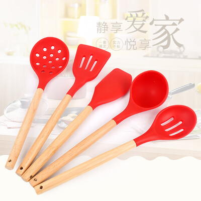 

Silicone Kitchen Utensil 5 Pieces Set with Wooden Handle, Nonstick Cookware