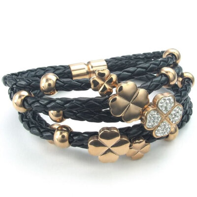 

Hpolw Womens&men Metal Stainless-Steel black Leather Spring buckle Bracelet and Braided Lucky Clover Cuff Black Rose Gold Bangle