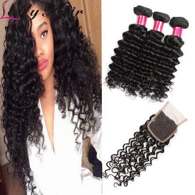 

Brazilian Deep Wave Hair Extension With Lace Closure 3pcs 7A Brazilian Virgin Hair With 1pc Closure Good Quality Natural Black