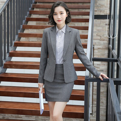 

Long Yue womens spring&autumn professional wear suit jacket shirt West skirt trousers OL work interview uniform striped long-sleeved suit professional suit LWXF181508 gray skirt XL