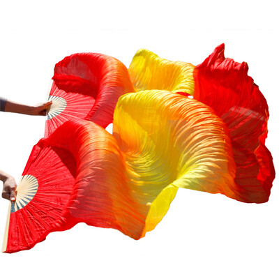 

High selling women Quality Silk Belly Dance Fan Dance 100 Real Silk Veils 1-pair RedOrangeYellowOrangeRed 180X90 cm