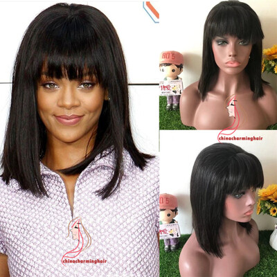 

rihanna style Silky Straight Short Bob 13x6 Lace Front Human Hair Wigs With Bangs for Black Women Pre Plucked