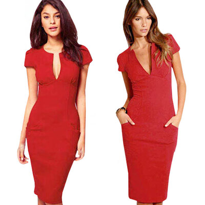 

Lovaru ™Free Shipping Hot Sales New Fashion V-Neck Short Sleeve Knee-Length Pocket Party dress Pencil Dresses