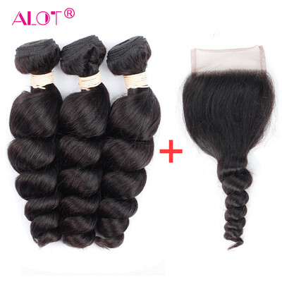 

Alot Human Hair 3 + 1 Indian Remy Hair Loose Wave с закрытием Loose Wave Natural Color Lace Closure