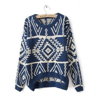 

CANIS@Retro Korean Fashion Women's Long Sleeves Geometric Pattern Sweater Pullover