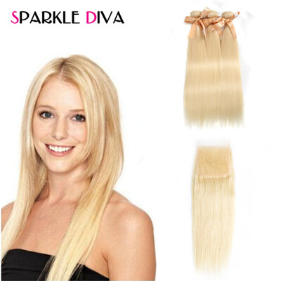 

Sparkle Diva Brazilian Virgin Hair Straight Hair 3 Bundles With Closure 613 Blonde Hair Human Hair With 4x4 Closure Free Shipping