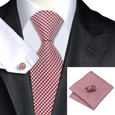 

N-1037 Vogue Men Silk Tie Set Red Plaid Necktie Handkerchief Cufflinks Set Ties For Men Formal Wedding Business wholesale