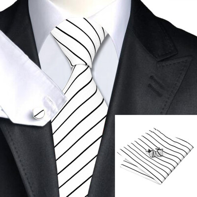 

N-0300 Vogue Men Silk Tie Set White Stripe Necktie Handkerchief Cufflinks Set Ties For Men Formal Wedding Business wholesale