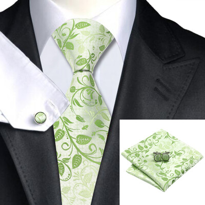 

N-1162 Vogue Men Silk Tie Set Green Floral Necktie Handkerchief Cufflinks Set Ties For Men Formal Wedding Business wholesale
