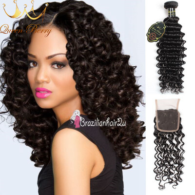 

8A Peruvian Deep Wave Virgin Human Hair 3pcs With Closure Queen Berry Hair 100% Unprocessed Virgin Human Hair