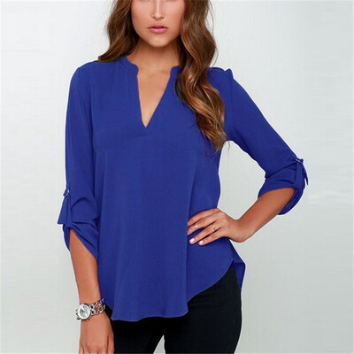

8 Colors Large Size Female V Collar Long Sleeve Corrugated Sleeve Easy Shirt plus size S-5XL
