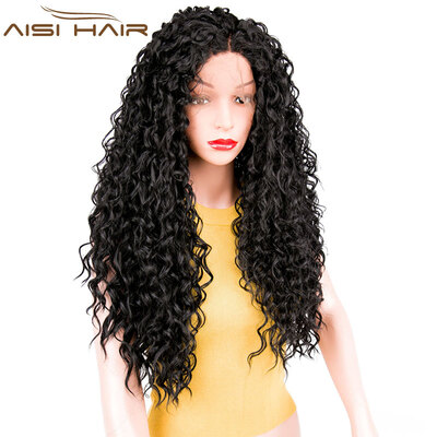 

AISI HAIR 26"Long Curly Black Lace Front Synthetic Wig with Baby Hair African American Braided Wigs for Women