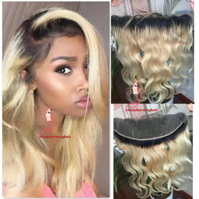 

Two Tone Color 1B613 Ombre Lace Frontal Closure Swiss Lace Body Wave Dark Roots Blonde Ombre Wavy Human Hair Lace Frontals