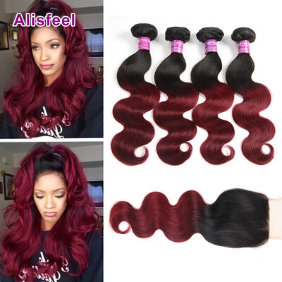 

T1b/99j Burgundy Ombre Body Wave Bundles With Closure Burgundy Peruvian Body Wave Bundles With Closure