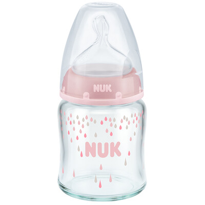 

NUK wide-bore glass bottle baby baby bottle 120ml with anti-flatulence silicone nipple 0-6 months round hole pink German import