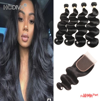 

HCDIVA Indian Body Wave 4 Bundles with Lace Closure 4*4 inch Raw Unprocessed Virgin India Closure with Body Wavy Bundle Hair Weft